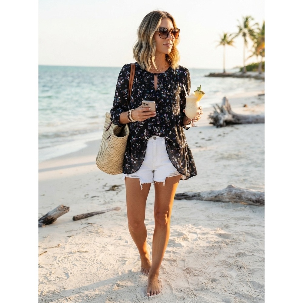 J. Jill Wearever Black Floral Pleated Back Tunic Top 3/4 Sleeve 232491 Womens M‎